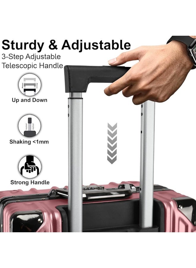 POGAGO Lightweight Aluminum Frame Polycarbonate Hard Case Luggage Set | 3-Piece Trolley Suitcase (20/24/28 Inch) | Silver Checked Luggage with 360° Double Spinner Wheels - Image 5